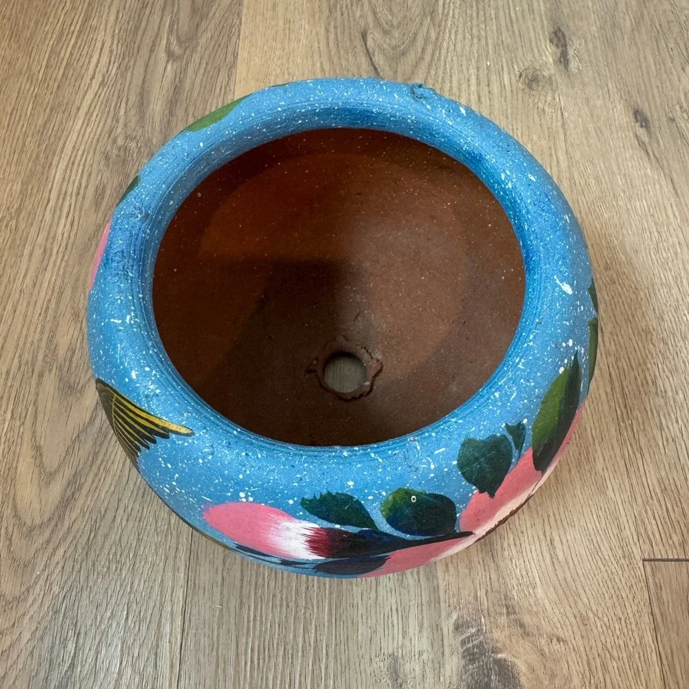 Vintage Mexican Hand Painted Terracotta Planter Blue Floral Bird Folk Art Pot